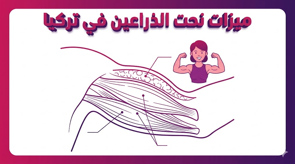 إنفوجرافيك تشريحي يوضح ميزات نحت الذراعين في تركيا وكيفية استهداف الدهون تحت الجلد للحصول على مظهر رياضي.