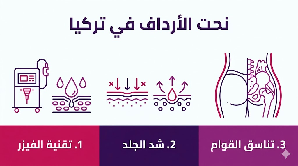  إنفوجرافيك طبي يوضح المراحل الثلاث الأساسية لعملية نحت الأرداف في تركيا باستخدام تقنيات الفيزر المتطورة.