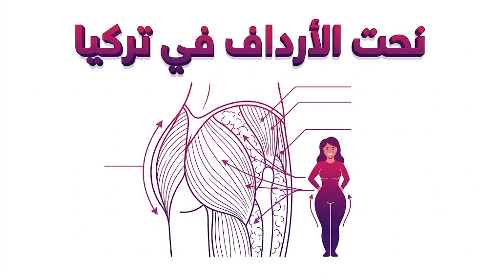 مخطط تشريحي علمي يوضح طبقات الدهون والعضلات المستهدفة في عملية نحت الأرداف في تركيا.
