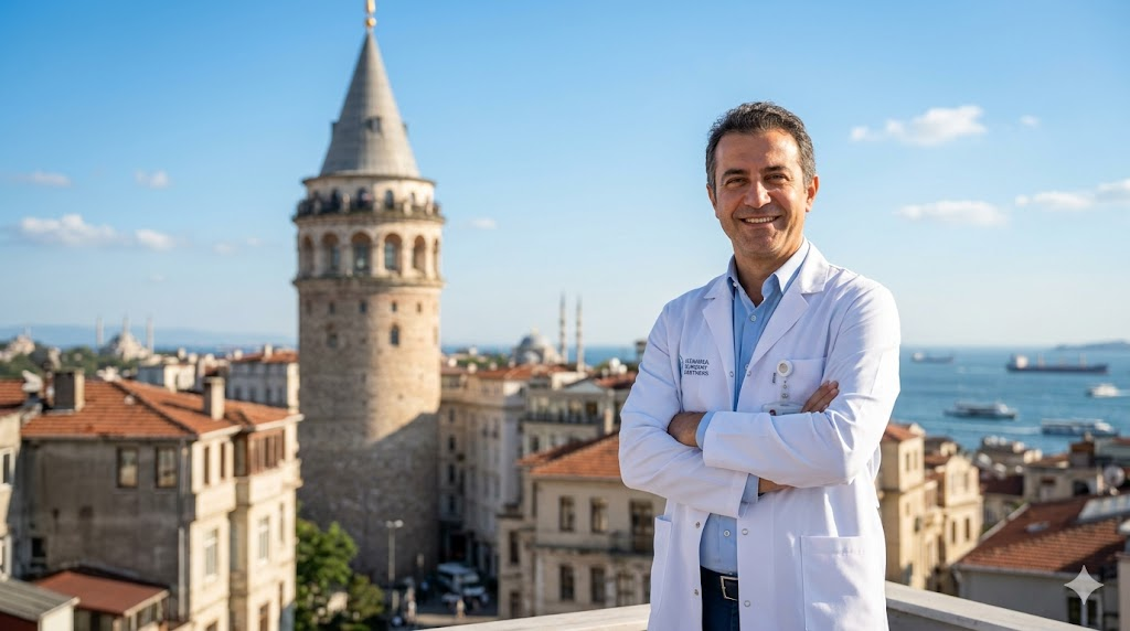 طبيب تجميل خبير أمام برج غالاتا في إسطنبول كرمز للثقة والجودة في عملية نحت الأرداف في تركيا.