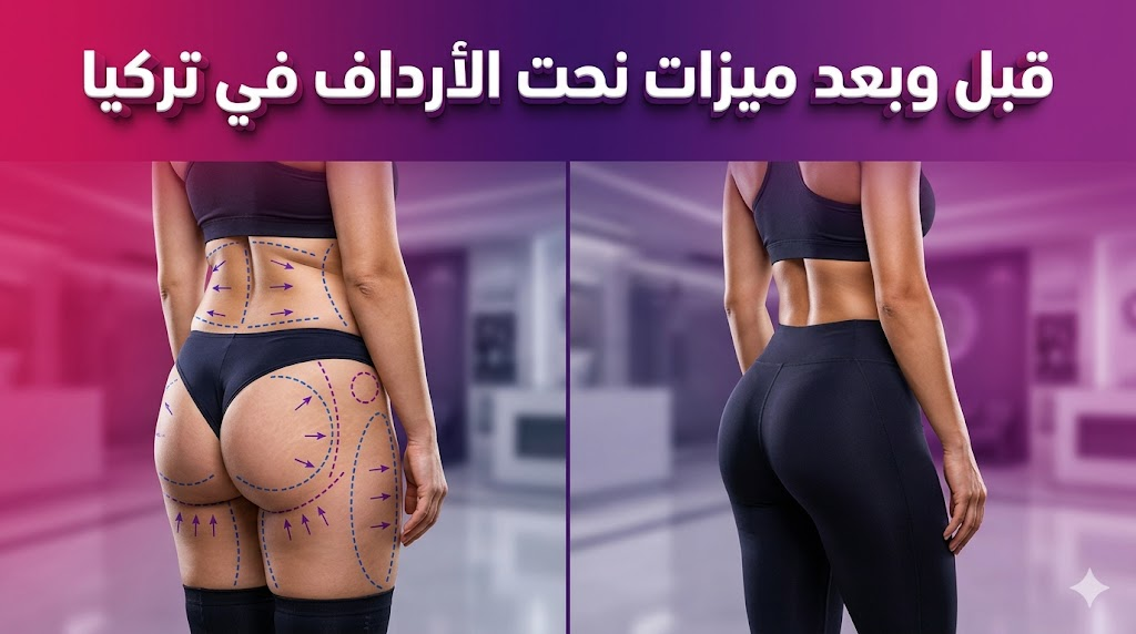 مقارنة قبل وبعد توضح ميزات نحت الأرداف في تركيا مع تخطيط طبي دقيق ونتائج نهائية مثالية.