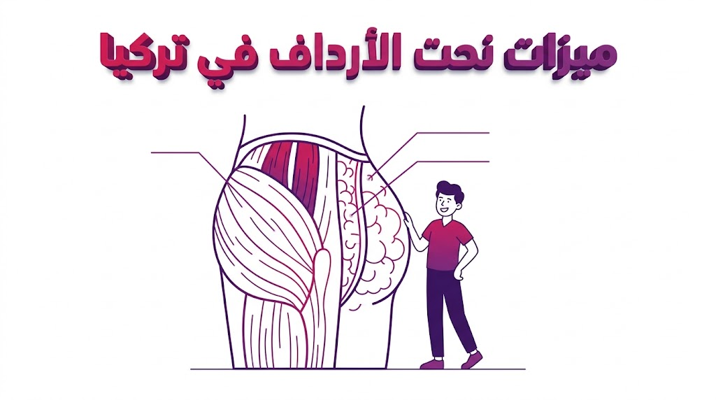 إنفوجرافيك طبي يوضح المخطط التشريحي والتقني المستخدم في ميزات نحت الأرداف في تركيا.
