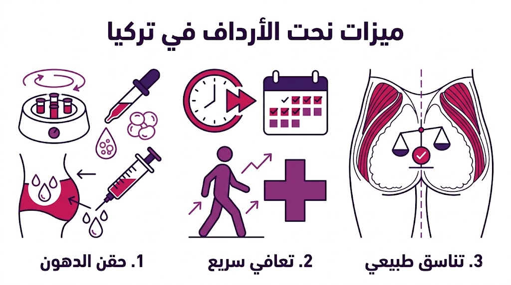 بوستر إنفوجرافيك يلخص أهم ميزات نحت الأرداف في تركيا من حيث التقنية والتعافي والنتائج.