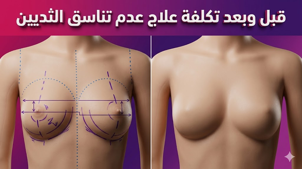 مقارنة قبل وبعد توضح نتائج تكلفة علاج عدم تناسق الثديين مع علامات جراحية احترافية.