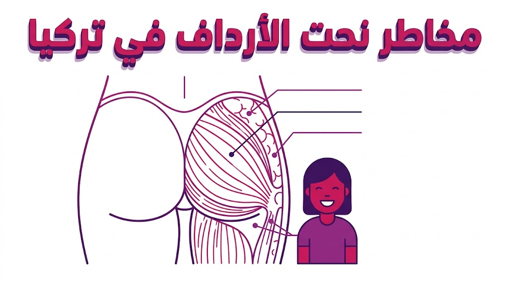 مخطط تشريحي تعليمي يوضح الطبقات العضلية والدهنية لتجنب مخاطر نحت الأرداف في تركيا وضمان حقن آمن.