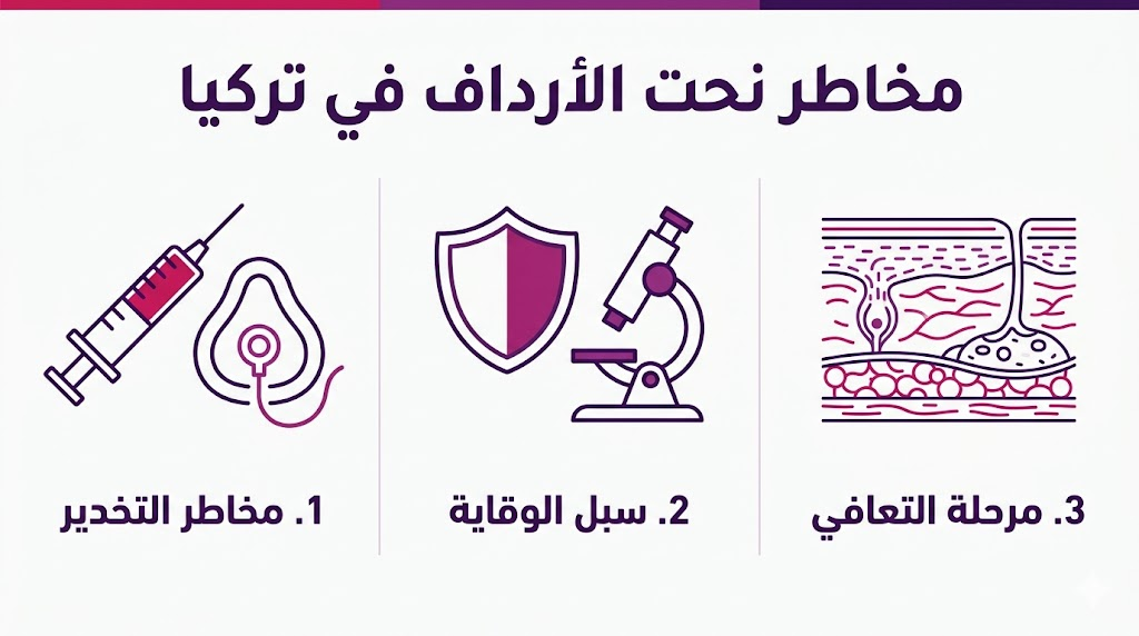 إنفوجرافيك طبي مقسم لثلاثة أقسام يشرح مخاطر نحت الأرداف في تركيا وكيفية الوقاية منها ومراحل التعافي.
