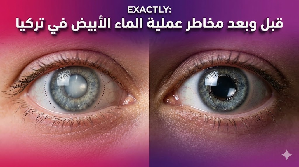مقارنة قبل وبعد توضح نجاح الجراحة وتجنب مخاطر عملية الماء الأبيض في تركيا من خلال عدسة صافية تماماً.