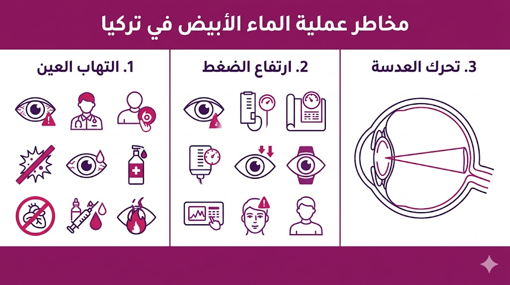 إنفوجرافيك تعليمي يلخص 3 نقاط أساسية حول مخاطر عملية الماء الأبيض في تركيا وكيفية السيطرة عليها.