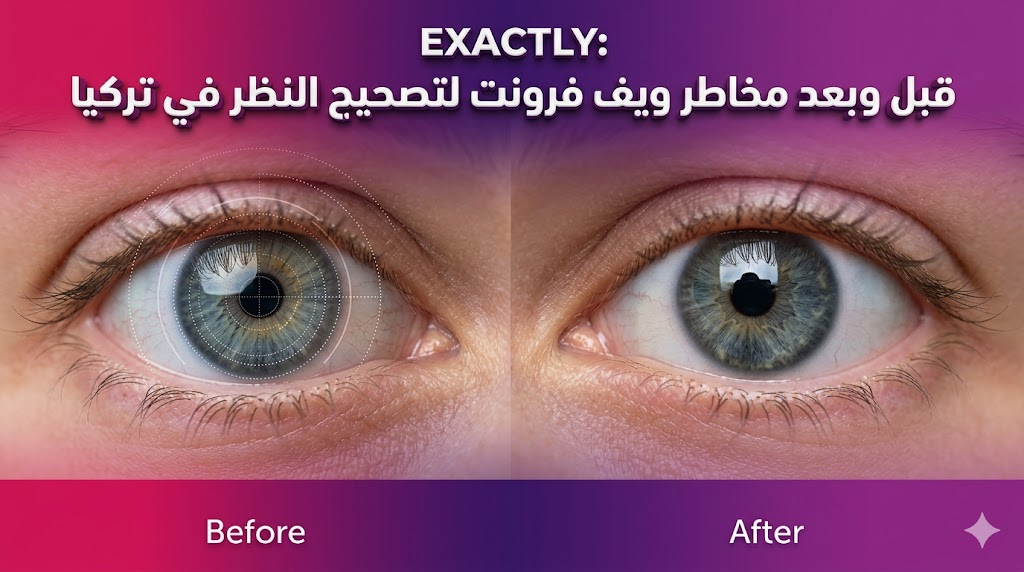 مقارنة قبل وبعد توضح نتائج التعامل مع مخاطر ويف فرونت لتصحيح النظر في تركيا مع رسم تخطيطي للقرنية.