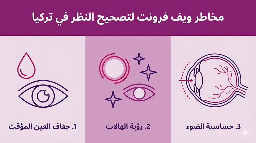  إنفوجرافيك طبي يوضح 3 من أهم مخاطر ويف فرونت لتصحيح النظر في تركيا وكيفية التعامل معها.