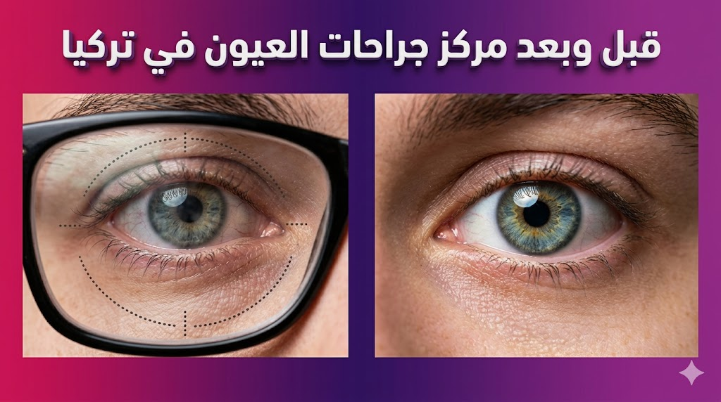 صورة قبل وبعد توضح نتائج تصحيح النظر في مركز جراحات العيون في تركيا مع نص عربي ثلاثي الأبعاد.