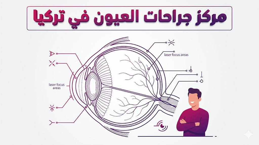 مخطط تشريحي تعليمي يوضح بنية العين والعمليات المتاحة في مركز جراحات العيون في تركيا بنمط فيكتور احترافي.