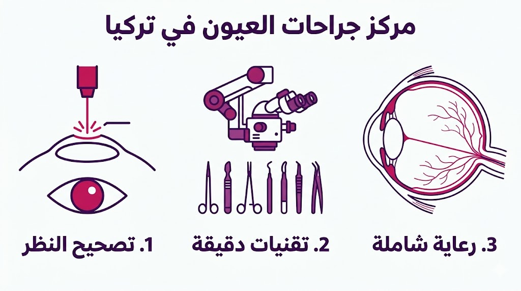  إنفوجرافيك طبي يوضح أقسام مركز جراحات العيون في تركيا الثلاثة: تصحيح النظر، التقنيات الحديثة، والرعاية الشاملة.