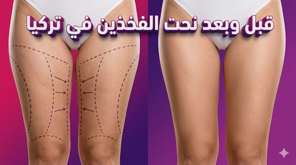 صورة واقعية تقارن بين حالة الفخذين قبل وبعد نحت الفخذين في تركيا تظهر النتائج المثالية والرشاقة المحققة.