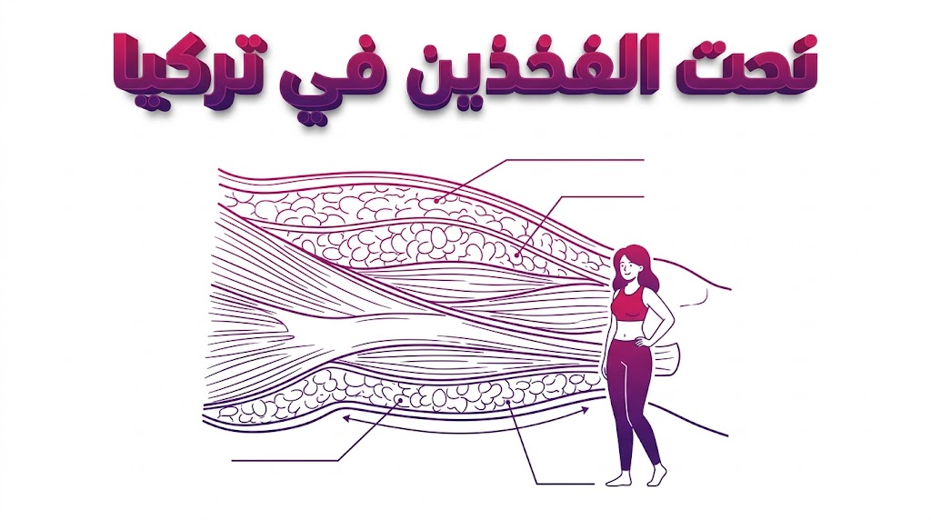  إنفوجرافيك طبي تعليمي يوضح التشريح الداخلي وكيفية التخلص من الدهون أثناء عملية نحت الفخذين في تركيا.