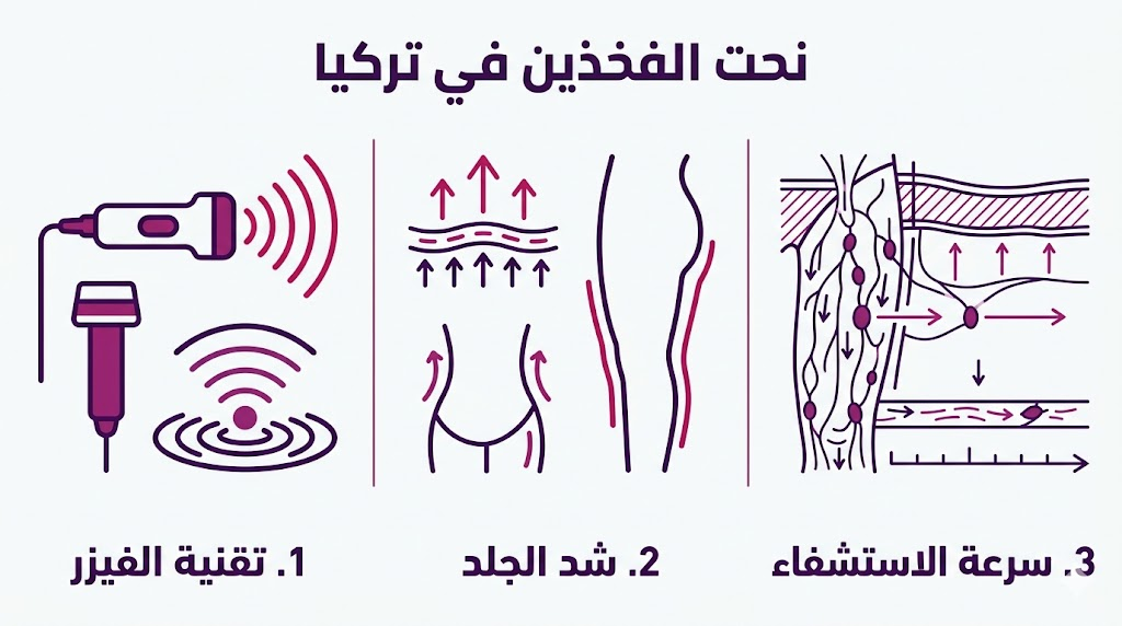 بوستر إنفوجرافيك يشرح مميزات تقنية الفيزر وشد الجلد وسرعة التعافي بعد نحت الفخذين في تركيا.