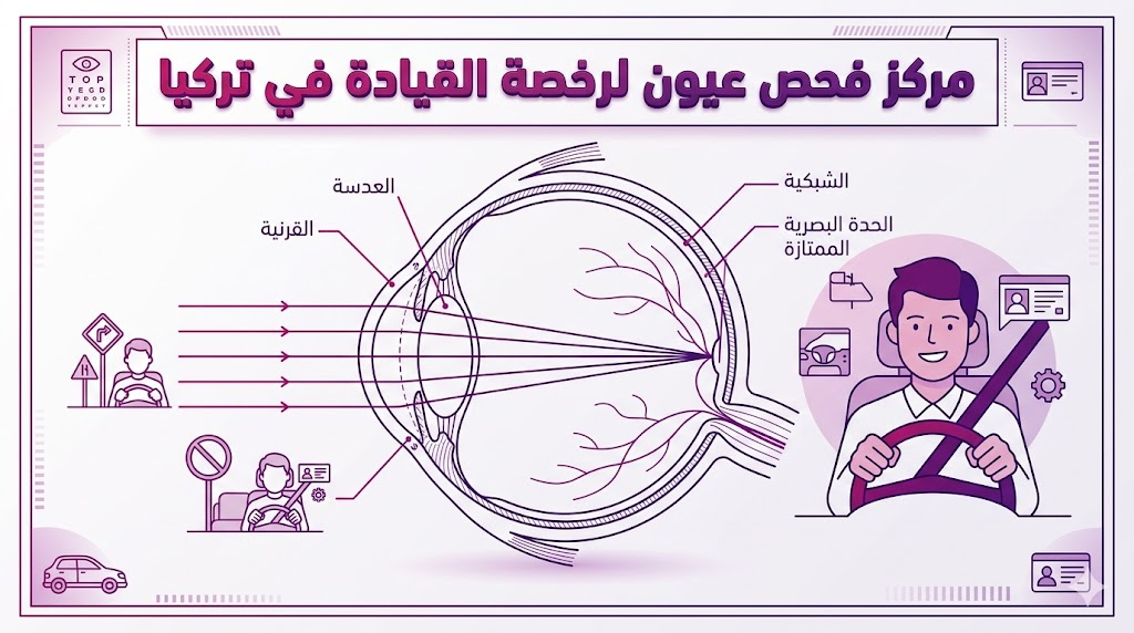 إنفوجرافيك طبي يوضح تشريح العين ومعايير حدة الإبصار المطلوبة في مركز فحص عيون لرخصة القيادة في تركيا.