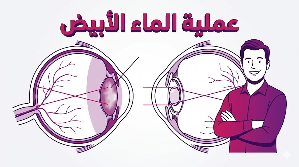  إنفوجرافيك طبي يوضح التشريح الداخلي للعين وكيفية استبدال العدسة المعتمة في عملية الماء الأبيض.