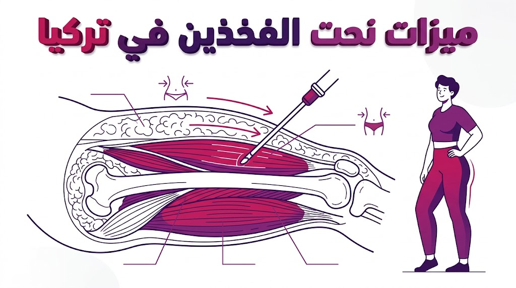 مخطط تشريحي وفيكتور تعليمي يبرز ميزات نحت الفخذين في تركيا وكيفية استهداف طبقات الدهون بدقة.