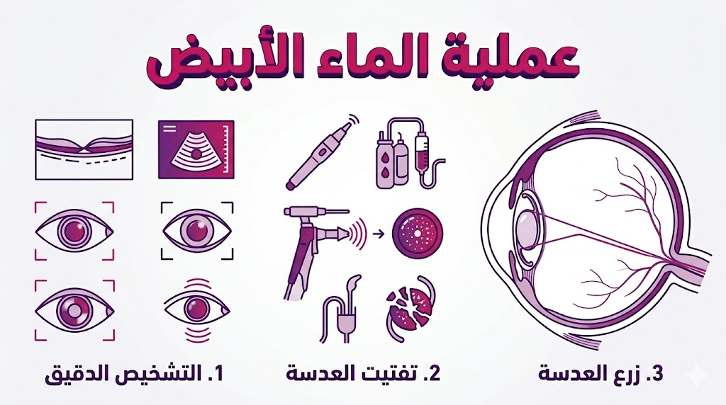  ملصق إنفوجرافيك يشرح المراحل الثلاث الأساسية لإجراء عملية الماء الأبيض.
