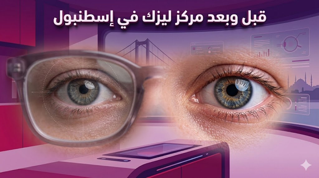 صورة "قبل وبعد" توضح نتائج تصحيح النظر في مركز ليزك في إسطنبول، تظهر التحول من الرؤية الضبابية بالنظارات إلى الرؤية الواضحة.