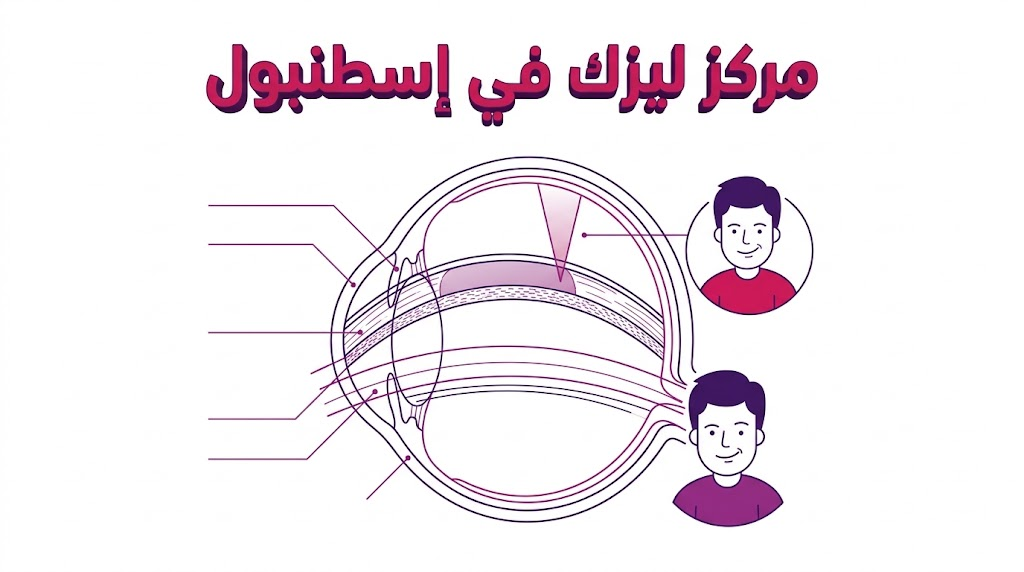 إنفوجرافيك تعليمي يوضح التشريح العلمي للعين وكيفية إجراء العملية داخل مركز ليزك في إسطنبول باستخدام تقنيات الليزر الحديثة.
