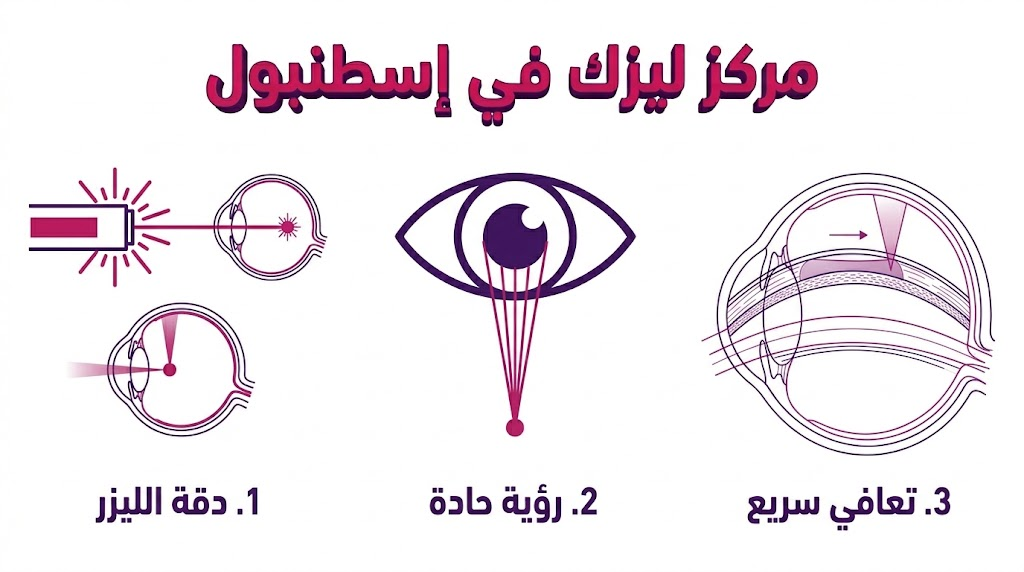 بوستر إنفوجرافيك طبي يوضح مميزات مركز ليزك في إسطنبول من حيث دقة الليزر، حدة الرؤية، وسرعة التعافي بعد العملية.