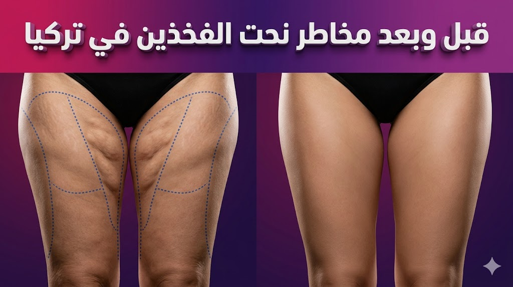 مقارنة قبل وبعد توضح نتائج العملية وكيفية معالجة مخاطر نحت الفخذين في تركيا من خلال التخطيط الجراحي الدقيق.