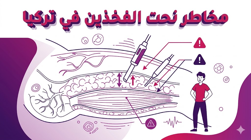 إنفوجرافيك طبي يوضح التشريح الداخلي للفخذ لضمان الفهم العلمي وتجنب مخاطر نحت الفخذين في تركيا.