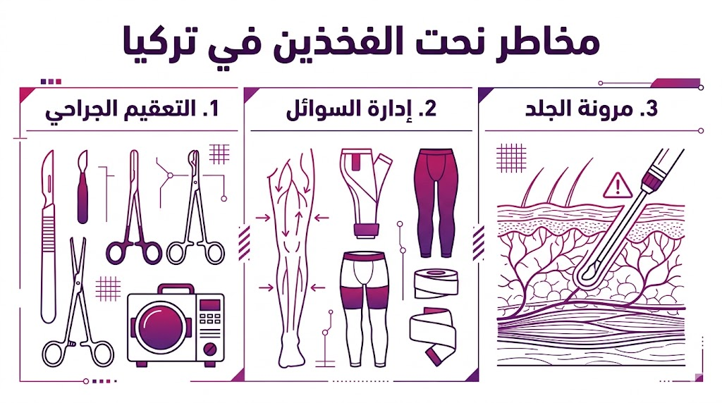 بوستر معلوماتي طبي يشرح خطوات الأمان الثلاث للوقاية من مخاطر نحت الفخذين في تركيا.
