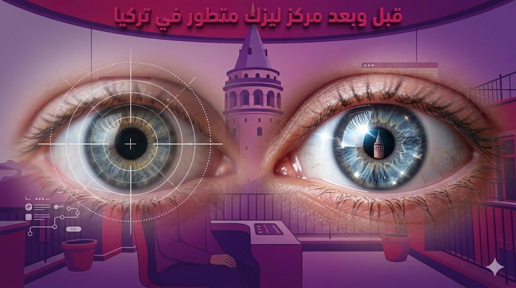 مقارنة قبل وبعد توضح دقة تصحيح النظر في مركز ليزك متطور في تركيا مع علامات التخطيط الطبي الجراحي.