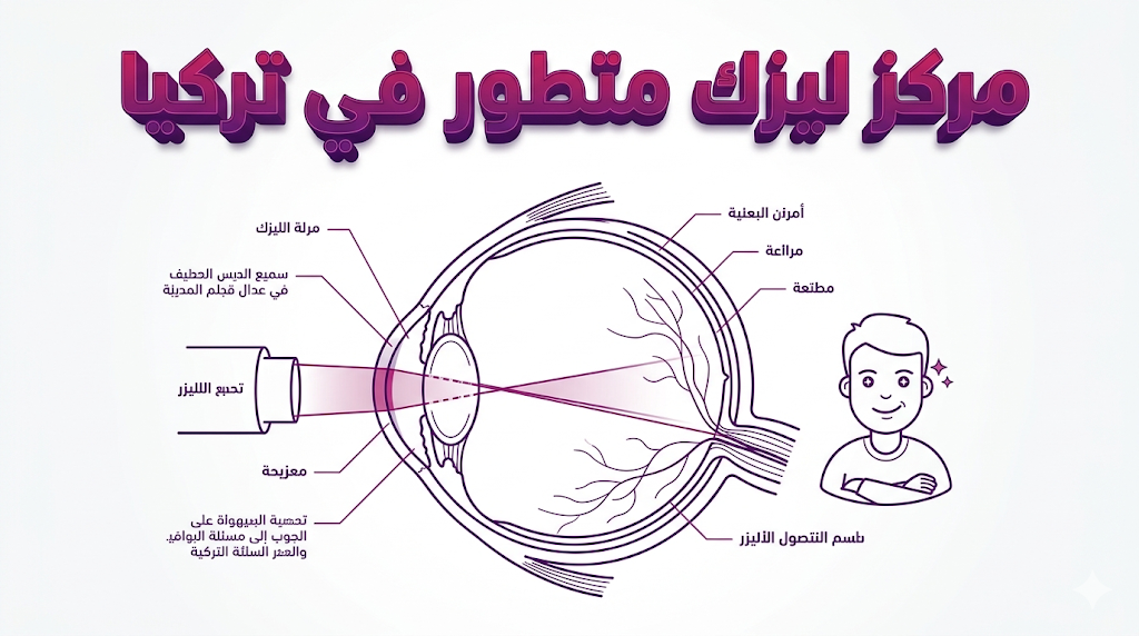  مخطط إنفوجرافيك تعليمي يوضح الآلية العلمية لتصحيح القرنية داخل مركز ليزك متطور في تركيا.