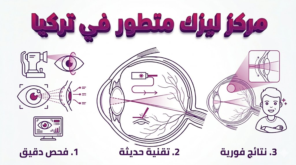  بوستر إنفوجرافيك يوضح مراحل العلاج الثلاث في مركز ليزك متطور في تركيا بأسلوب عصري.