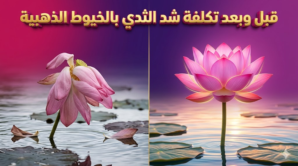 مقارنة رمزية لزهرة اللوتس قبل وبعد توضح نتائج تكلفة شد الثدي بالخيوط الذهبية ومدى التحسن في القوام.