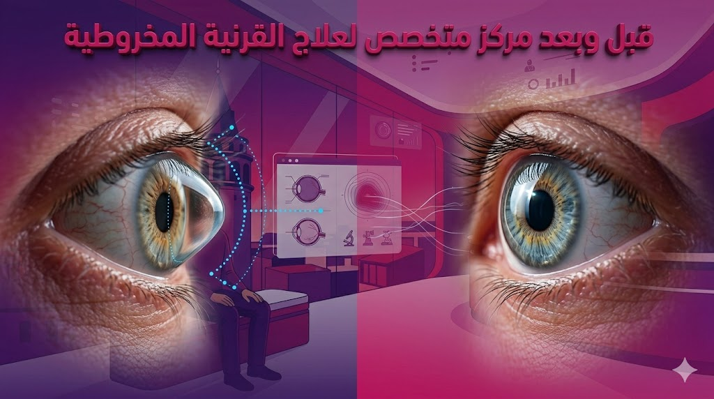  مقارنة واقعية قبل وبعد تظهر نتائج تصحيح شكل العين في مركز متخصص لعلاج القرنية المخروطية مع كتابة ثلاثية الأبعاد.