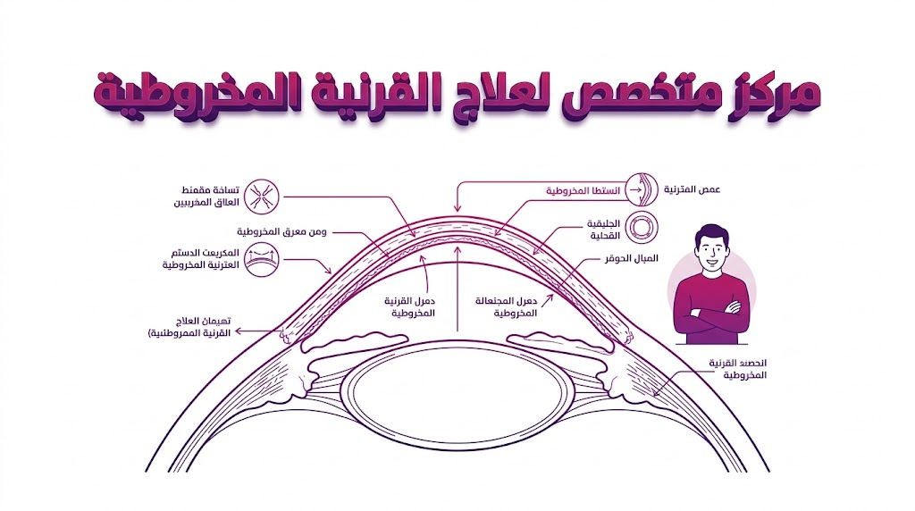  إنفوجرافيك تشريحي يوضح البنية الداخلية للعين وكيفية المعالجة داخل مركز متخصص لعلاج القرنية المخروطية.