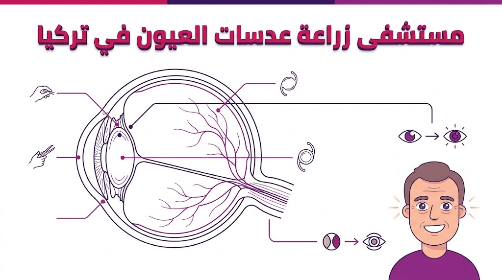 مخطط إنفوجرافيك طبي يشرح التشريح الداخلي للعين وكيفية الزراعة في مستشفى زراعة عدسات العيون في تركيا.