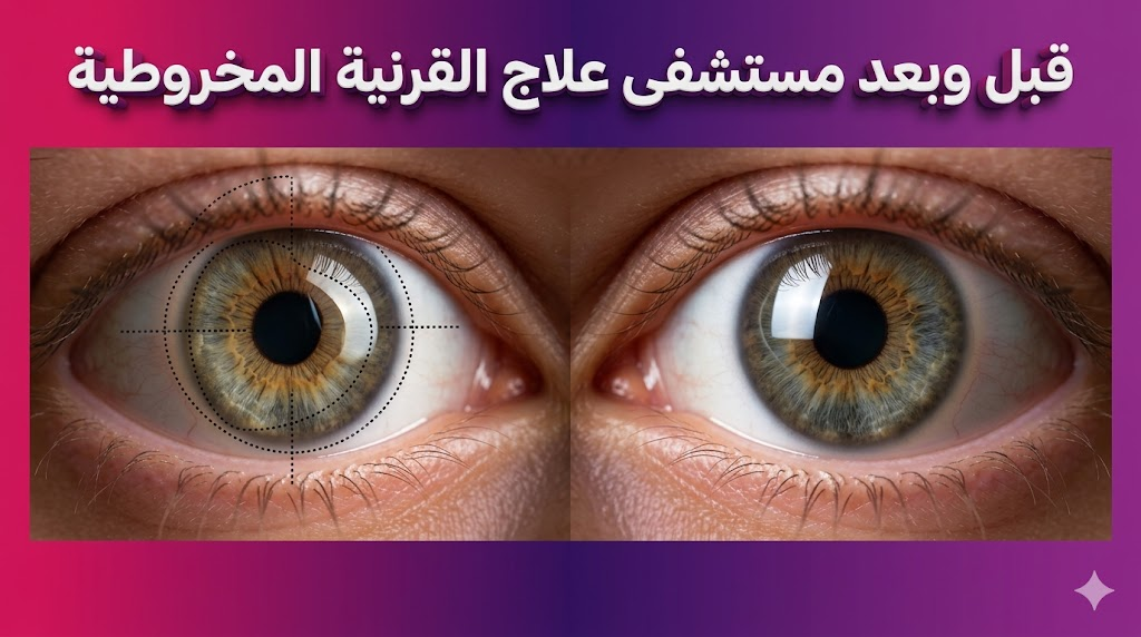 مقارنة قبل وبعد تظهر نجاح العملية في مستشفى علاج القرنية المخروطية مع تحسن شكل القرنية.