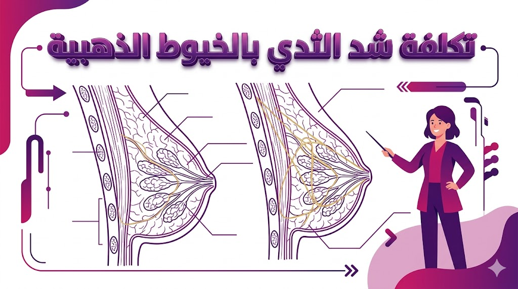 مخطط طبي تعليمي يوضح آلية العمل والنتائج المتوقعة ضمن تكلفة شد الثدي بالخيوط الذهبية.
