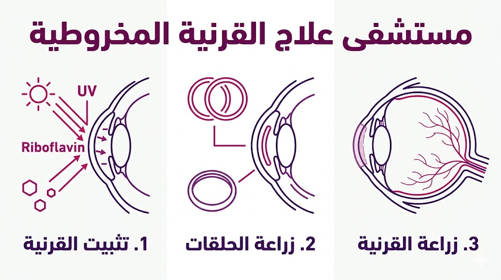  إنفوجرافيك طبي يوضح التقنيات الثلاث الرئيسية المستخدمة في مستشفى علاج القرنية المخروطية.