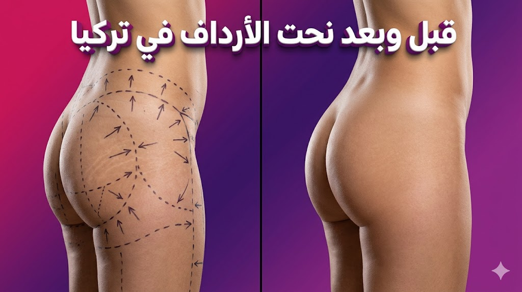 مقارنة قبل وبعد توضح نتائج عملية نحت الأرداف في تركيا مع علامات التخطيط الجراحي.