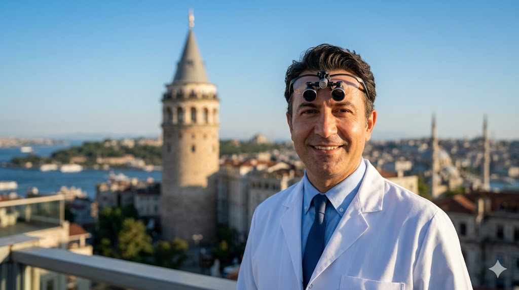  طبيب عيون متميز يقف أمام برج غالاتا في إسطنبول ممثلاً لخدمات مستشفى علاج ضغط العين في تركيا.
