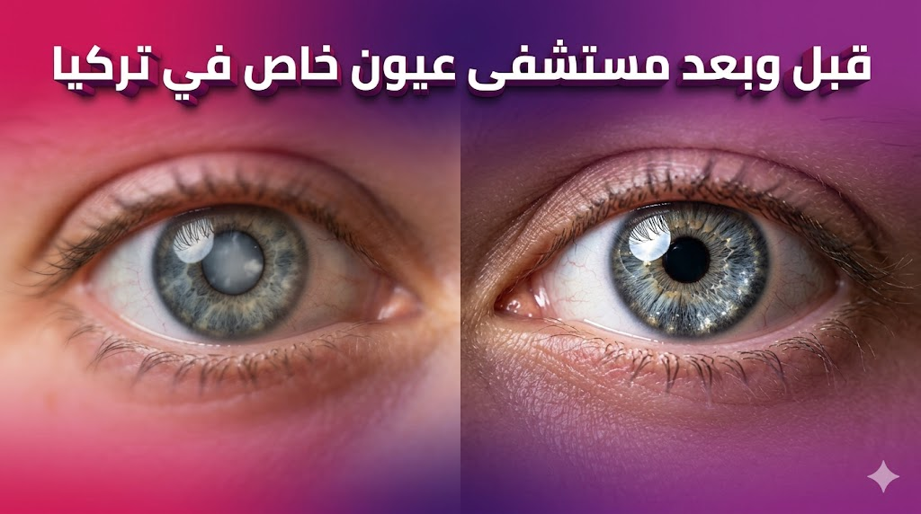 مقارنة قبل وبعد تظهر نتائج تحسن الرؤية وعلاج العين في مستشفى عيون خاص في تركيا.