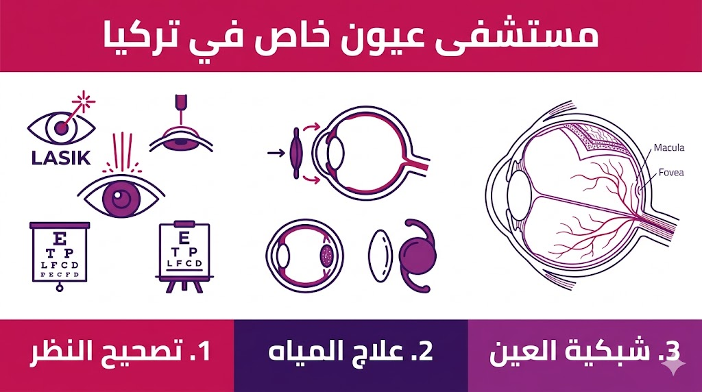 إنفوجرافيك تعليمي يستعرض خدمات تصحيح النظر وعلاج المياه البيضاء في مستشفى عيون خاص في تركيا.