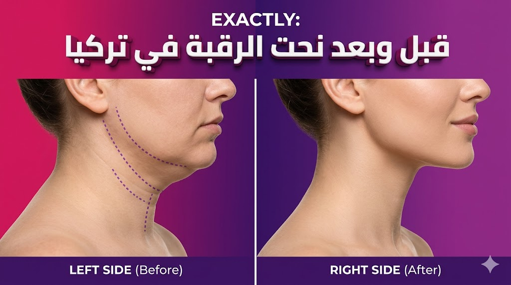 مقارنة قبل وبعد توضح نتائج عملية نحت الرقبة في تركيا مع تحديد الفك