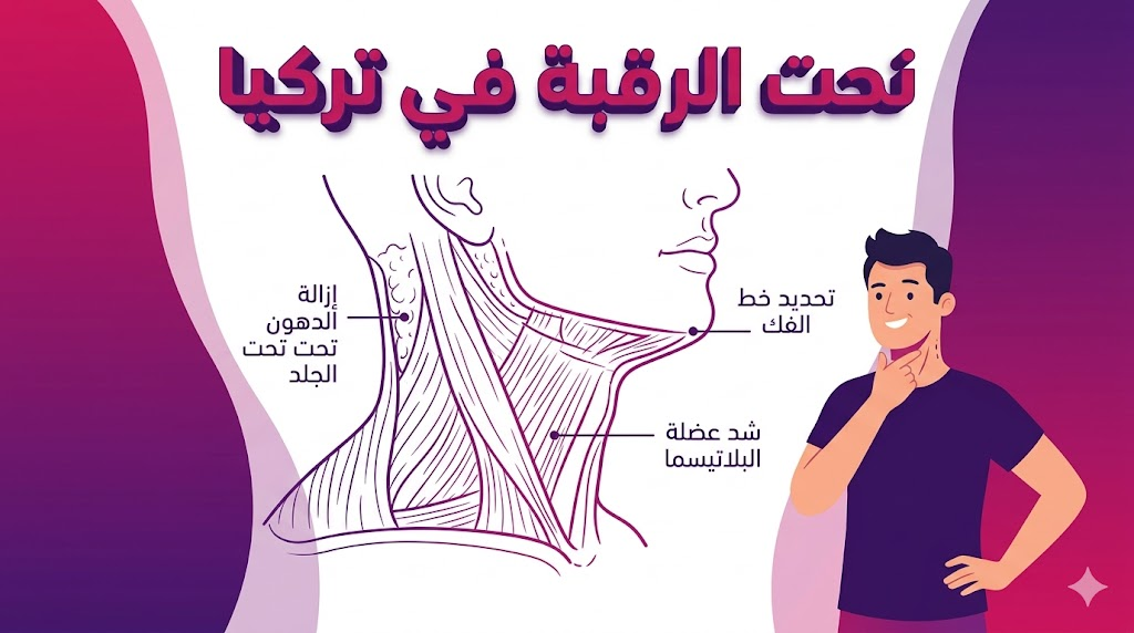 إنفوجرافيك طبي يوضح التشريح العضلي والدهني لإجراء نحت الرقبة في تركيا