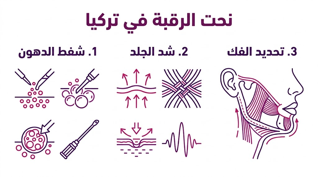 بوستر توضيحي لمراحل عملية نحت الرقبة في تركيا تشمل شفط الدهون وشد الجلد