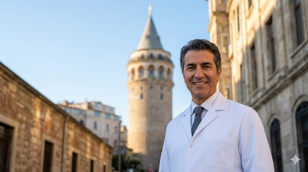 طبيب تجميل متخصص في عملية نحت الرقبة في تركيا أمام برج غالاتا في اسطنبول