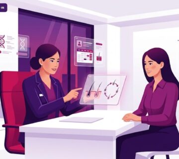 رسم توضيحي يظهر طبيباً يشرح أسباب تساقط الشعر لمريض في عيادة طبية حديثة فاخرة 