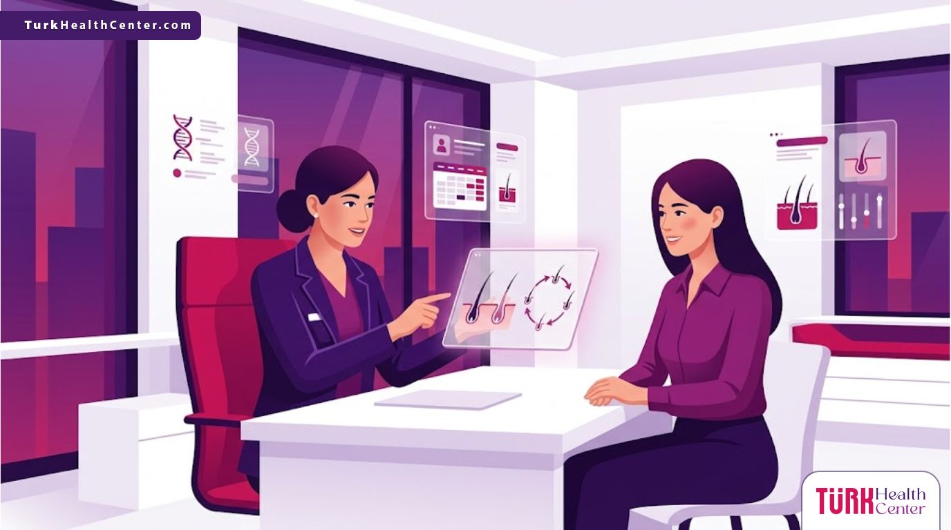 رسم توضيحي يظهر طبيباً يشرح أسباب تساقط الشعر لمريض في عيادة طبية حديثة فاخرة 